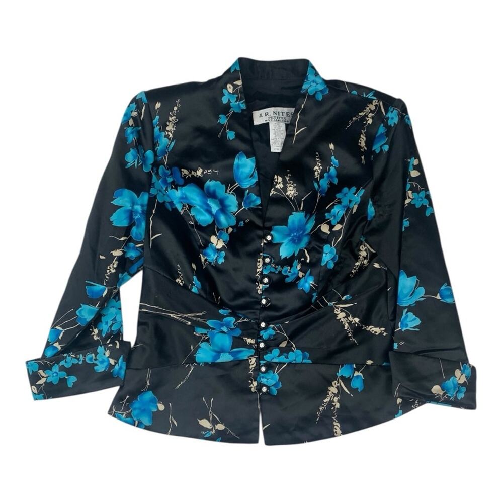 J.R. Nites floral blazer vintage size 6 petite small Black blue floral white jac
